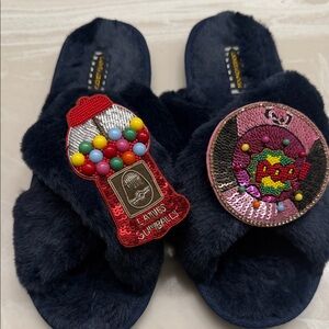 Laines London Navy Slippers with Fun Patches
